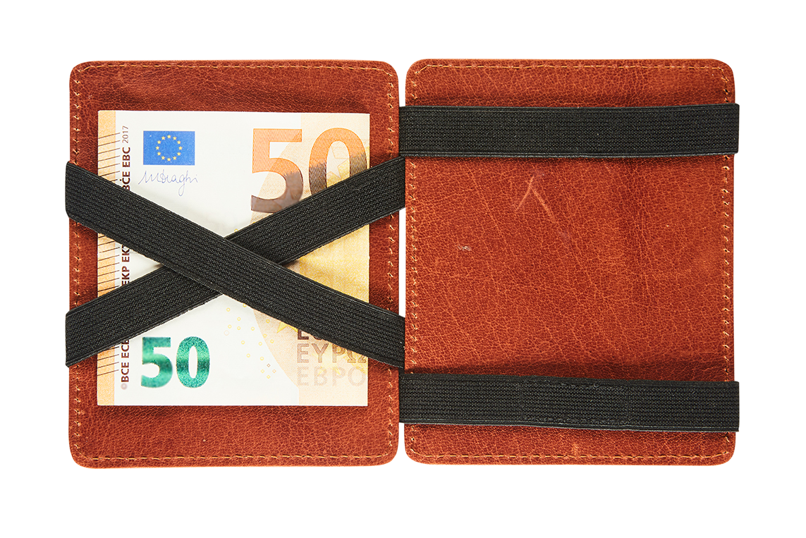 Afbeelding binnenkant van Lederen magic wallet anti-skim met kaarthouder - cognac
