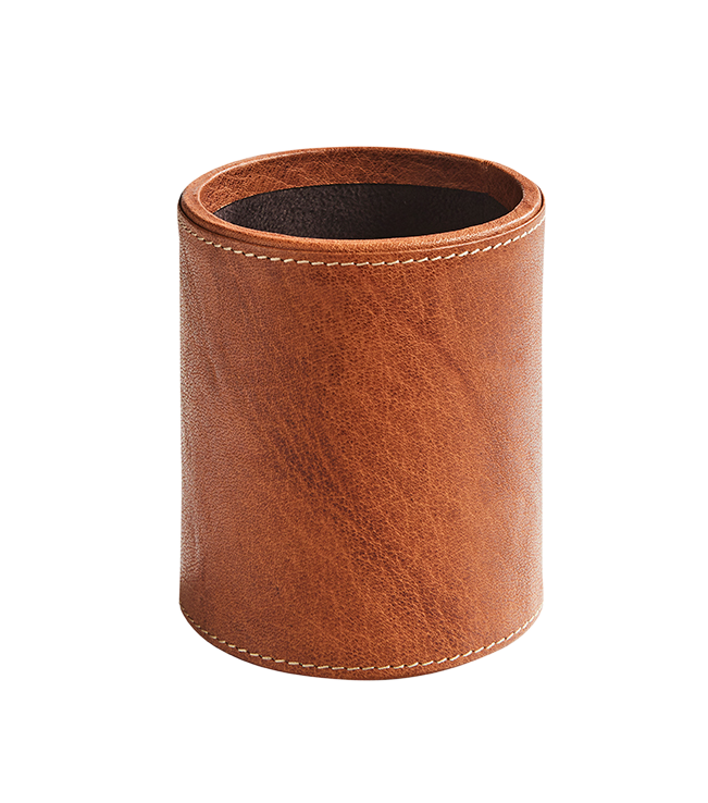 Leather pen pot round - cognac
