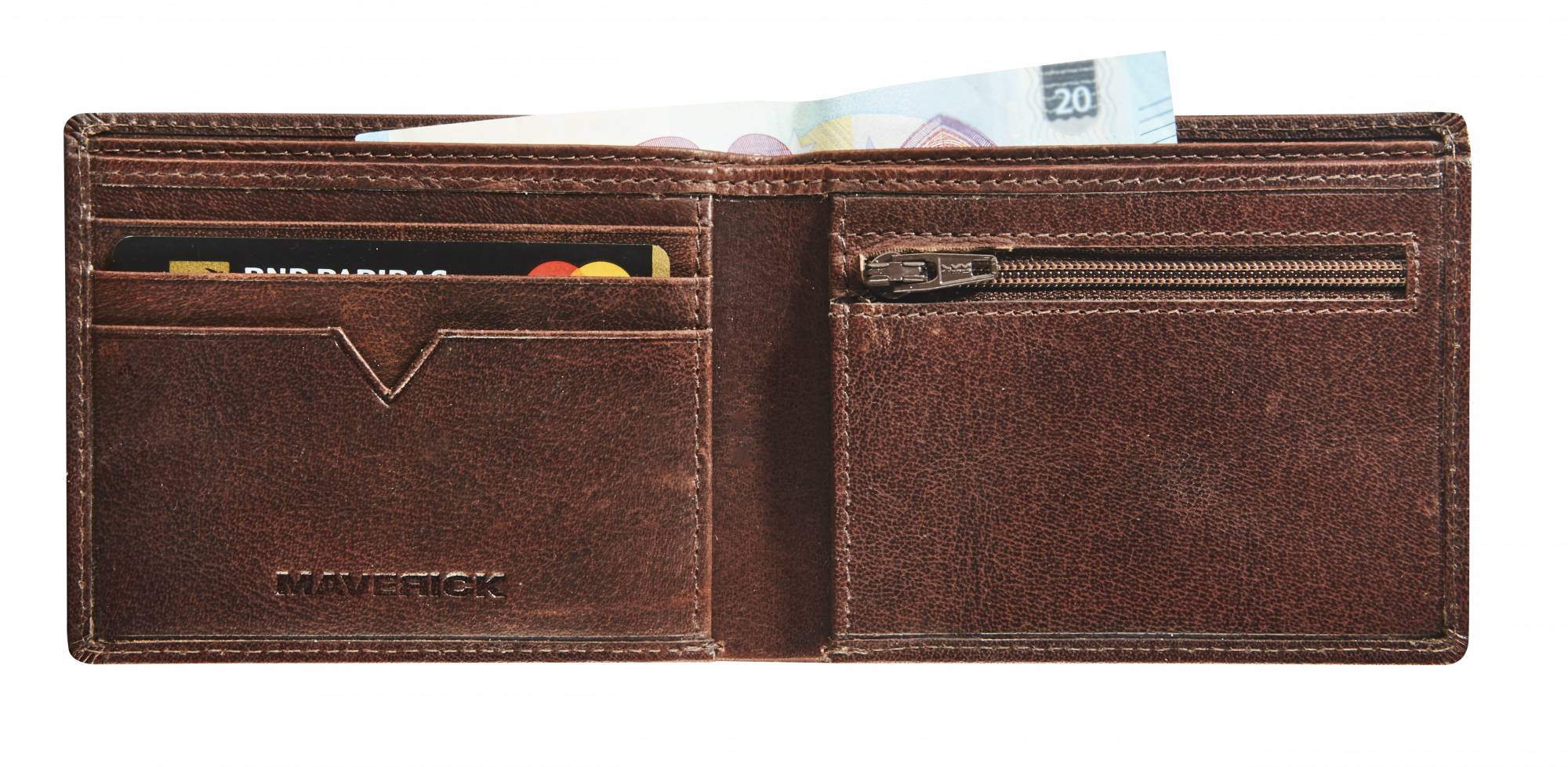 Afbeelding binnenkant van Leather compact billfold RFID with zipper - brown
